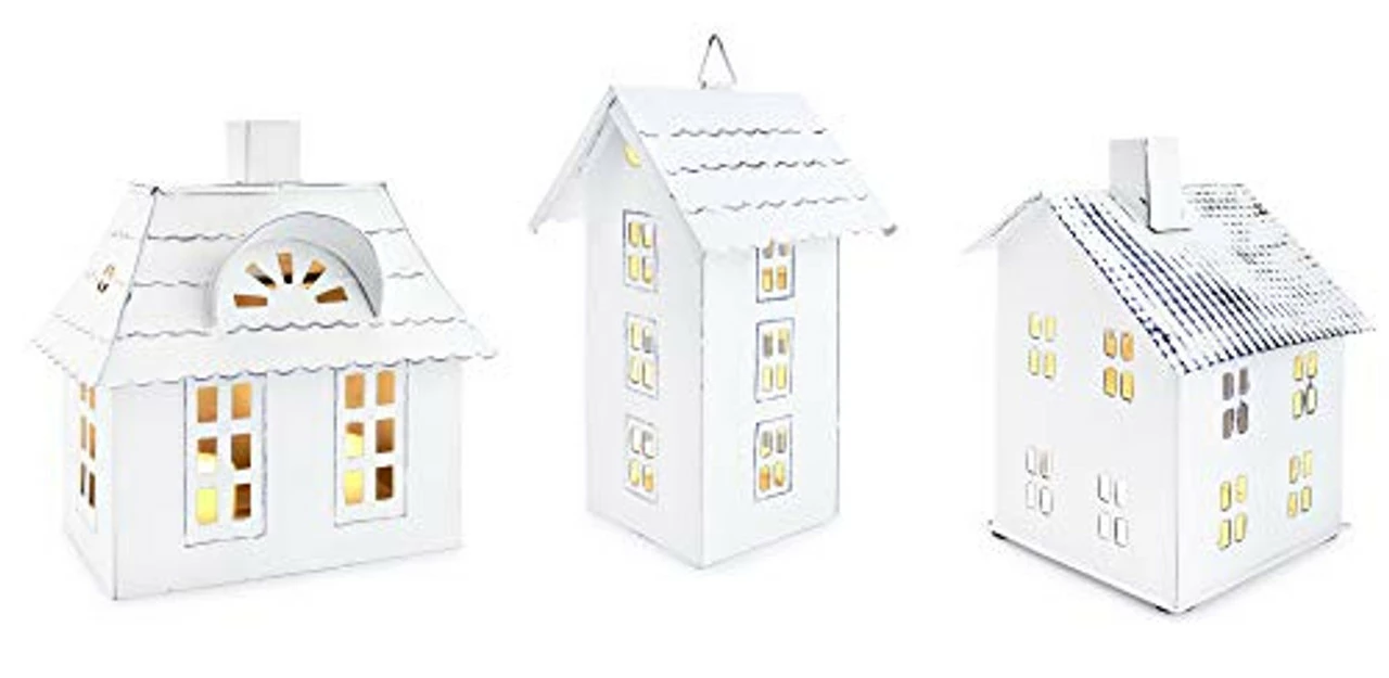 Auldhome Design AuldHome Farmhouse Decor Tin Houses (Set Of 3, White); Candle Lantern Decorative Holiday Christmas Village Display Or Votive Holder