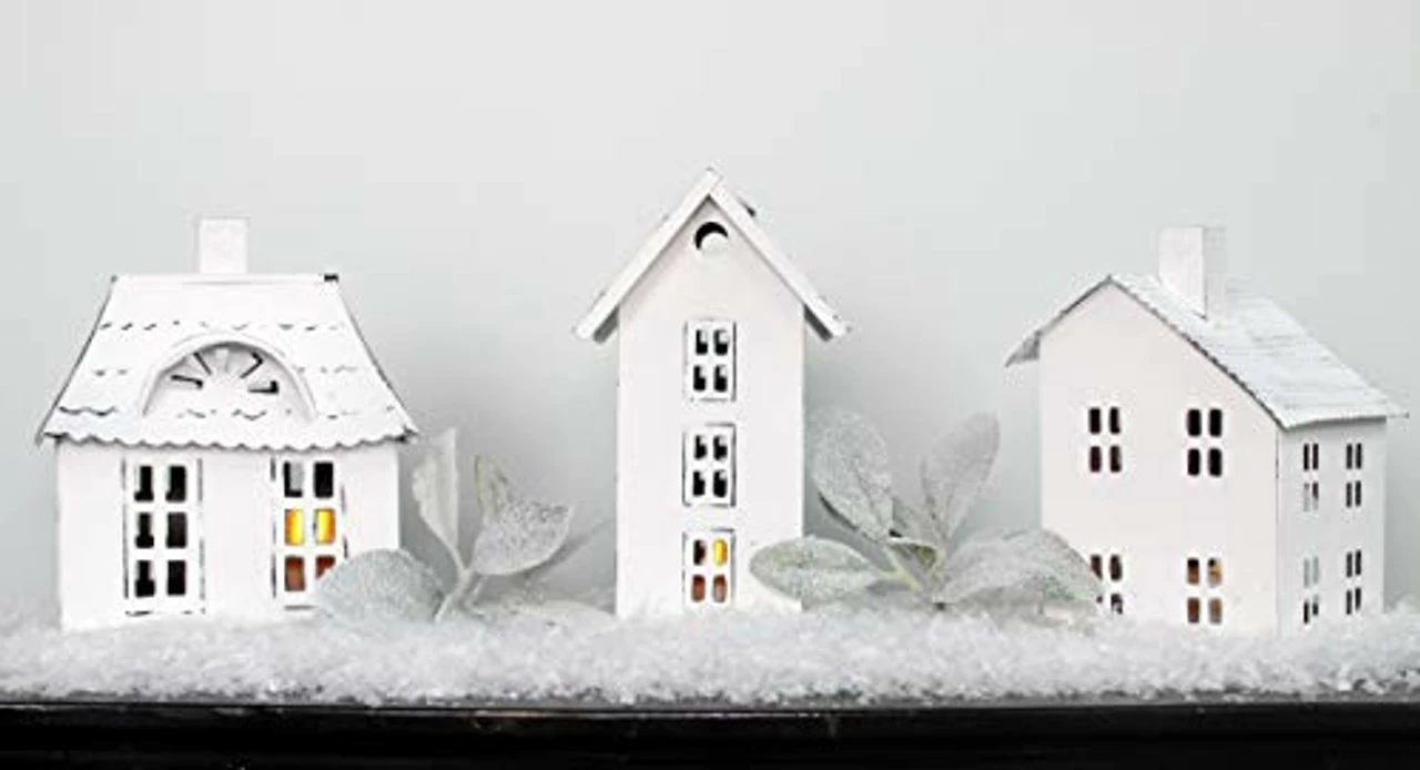 Auldhome Design AuldHome Farmhouse Decor Tin Houses (Set Of 3, White); Candle Lantern Decorative Holiday Christmas Village Display Or Votive Holder - Image 3