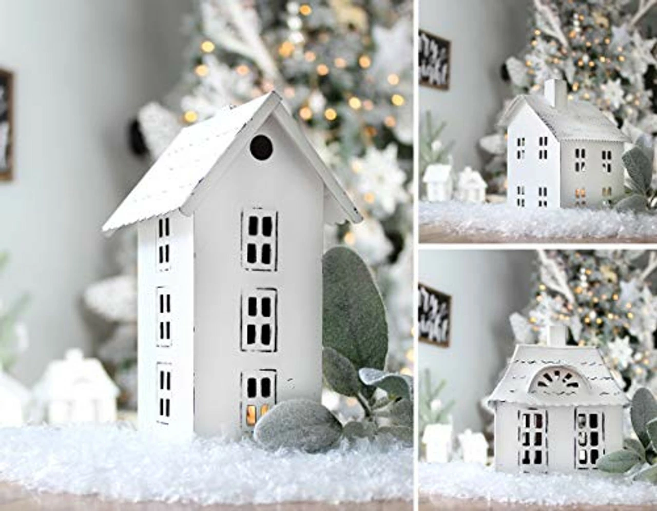 Auldhome Design AuldHome Farmhouse Decor Tin Houses (Set Of 3, White); Candle Lantern Decorative Holiday Christmas Village Display Or Votive Holder - Image 6