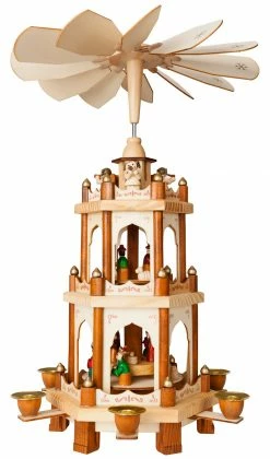 BRUBAKER Wooden Christmas Pyramid - 18 Inches - 3 Tier Carousel - Nativity Play - Designed In Germany