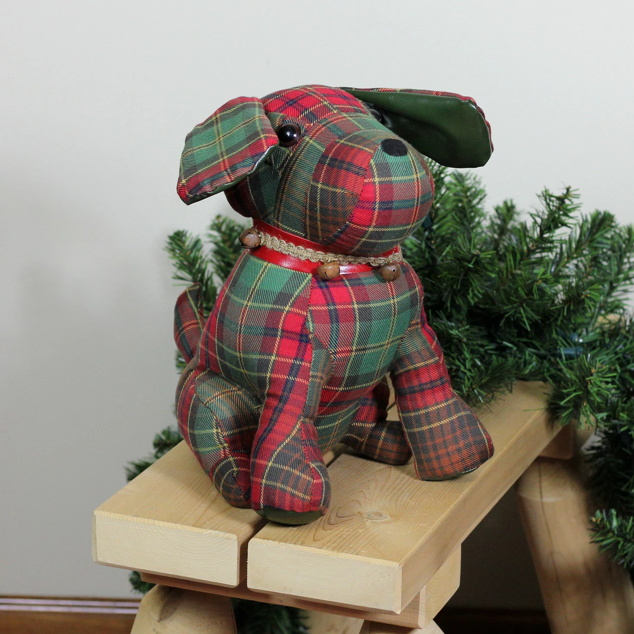 Allstate 11" Red And Green Plaid Dog With Bells Christmas Decoration - Image 3