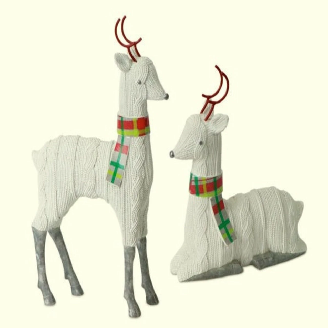 Melrose Set Of 2 White And Red Knitted Reindeer Christmas Tabletop Figurines 12" - Image 2