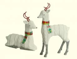 Melrose Set Of 2 White And Red Knitted Reindeer Christmas Tabletop Figurines 12"