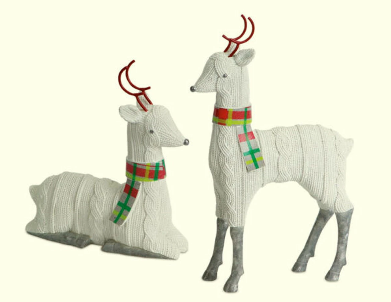 Melrose Set Of 2 White And Red Knitted Reindeer Christmas Tabletop Figurines 12"