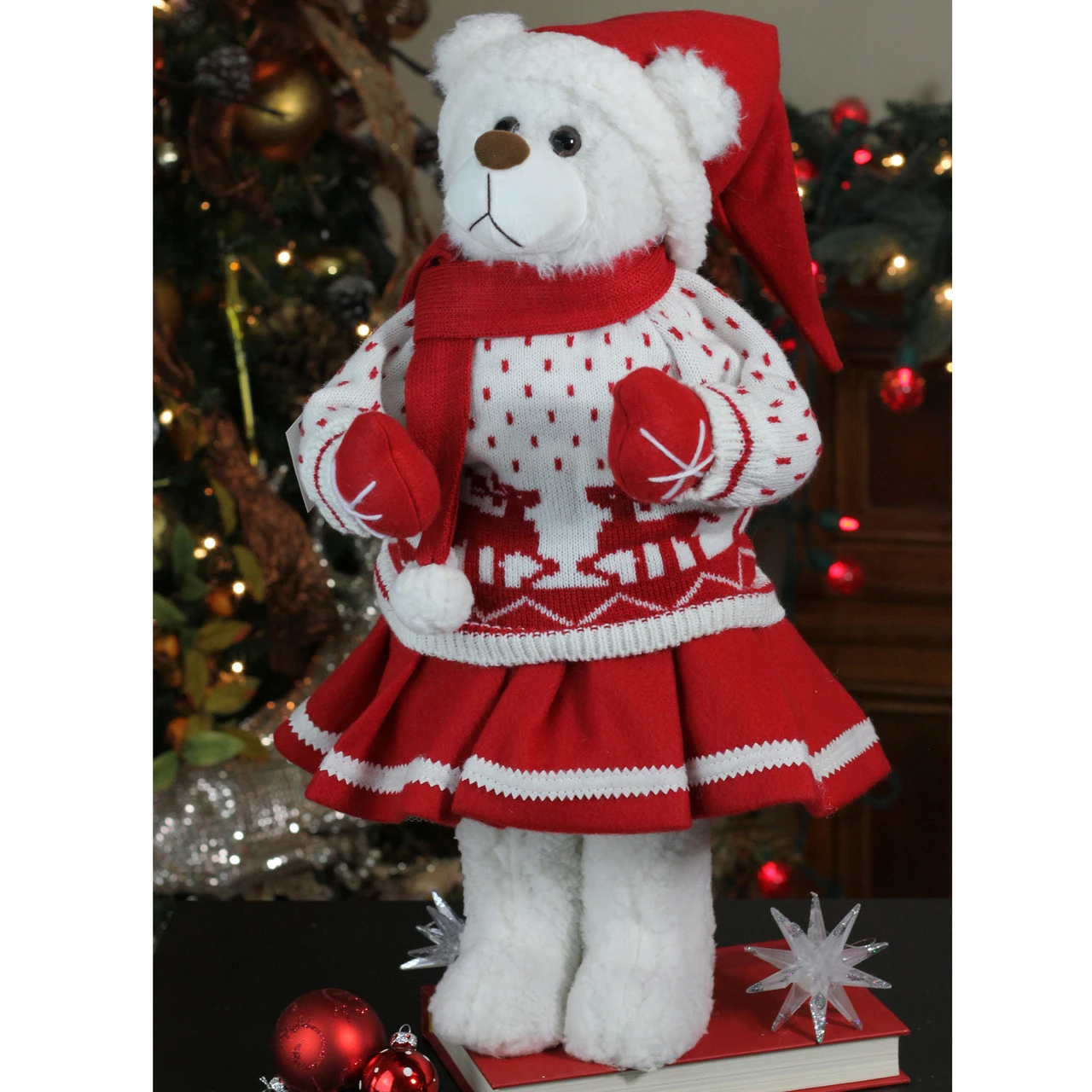 Northlight 20" White And Red Winter Girl Santa Bear In Deer Sweater Christmas Figure Decoration - Image 2