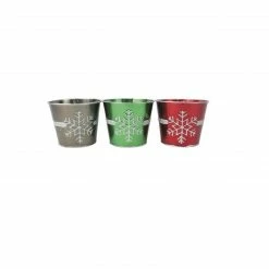 Darice Set Of 3 Red, Green And Silver Glitter Snowflake Decorative Christmas Tin Pots 5"