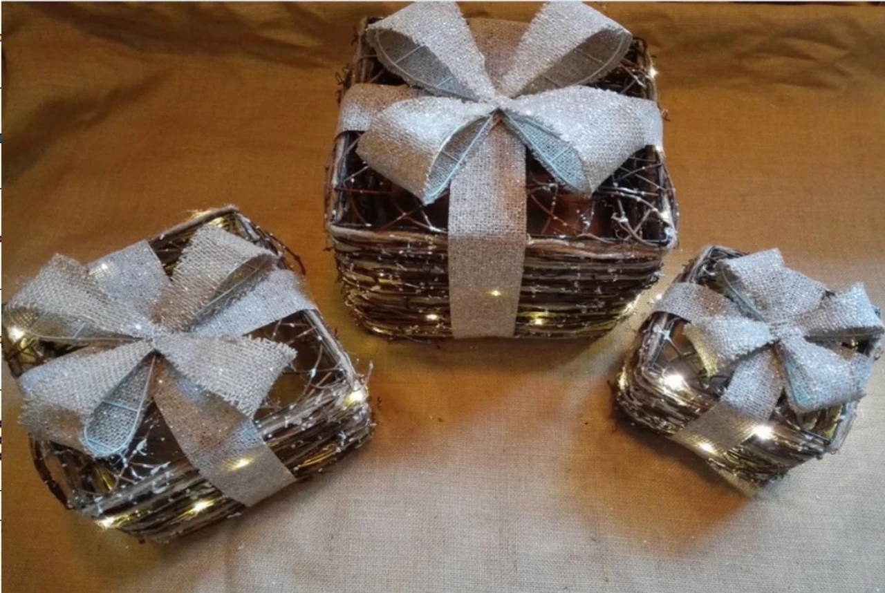 Northlight Set Of 3 Lighted Rattan Gift Boxes With Burlap Bows Tabletop Christmas Decorations 9.75" - Image 2