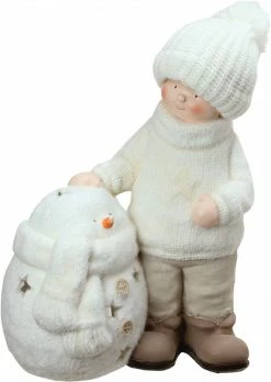 Northlight 17.25" White Christmas Snowman With Standing Boy Tealight Candle Holder