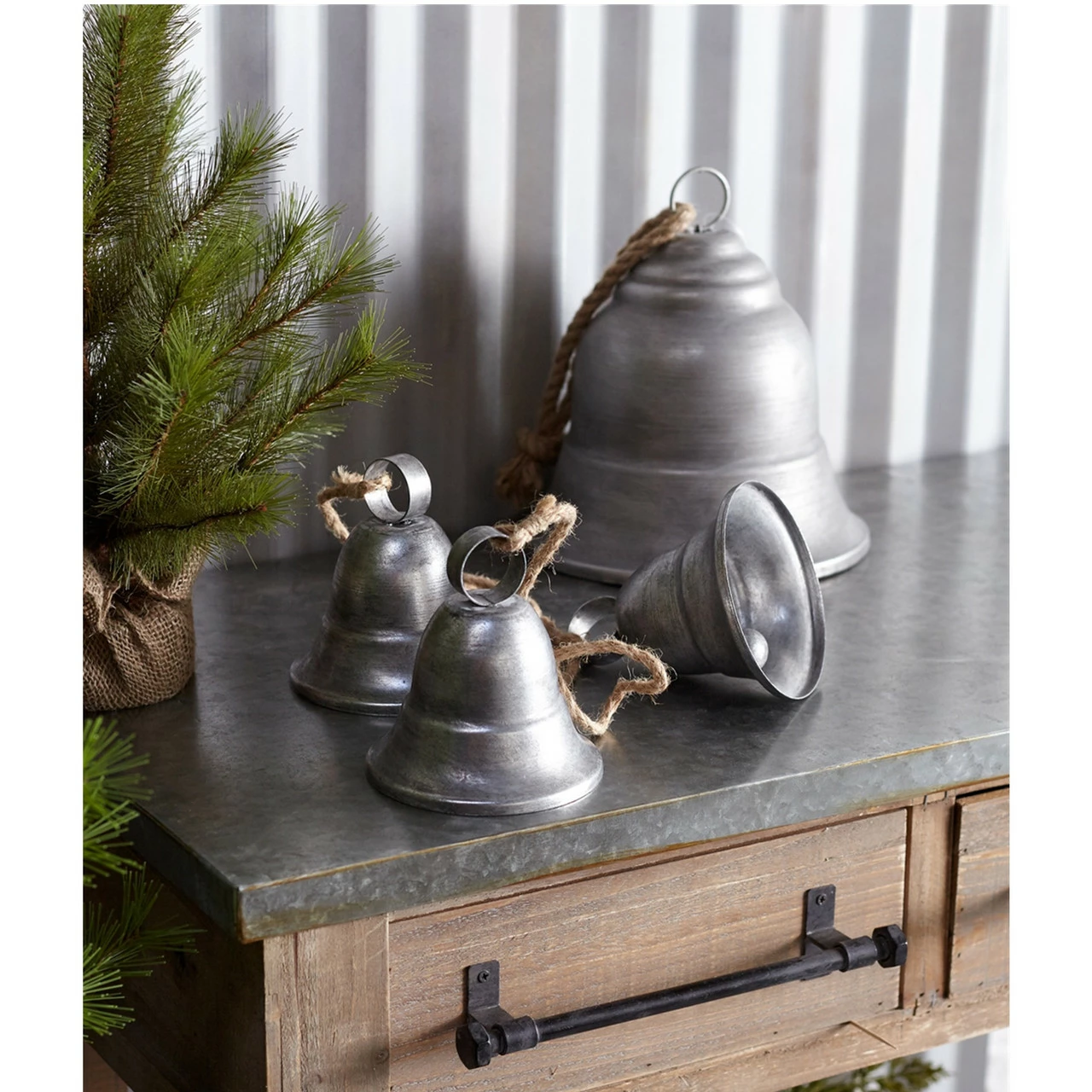 Diva At Home Pack Of 2 Dark Gray Distressed Finish 3 Bells On Rope 14.75" - Image 2