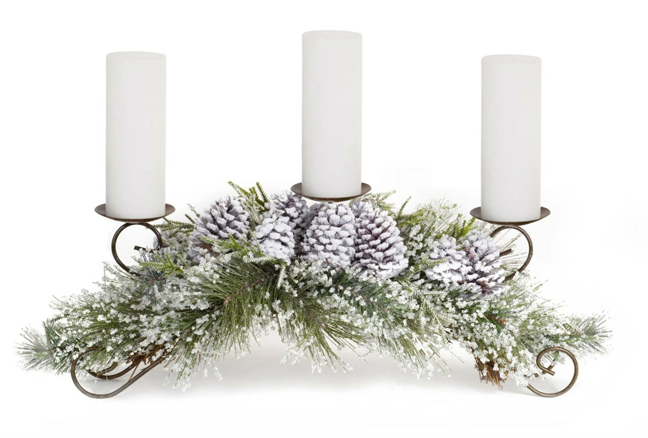 Contemporary Home Living 22" White And Green Snowy Pine Pillar Candle Holder