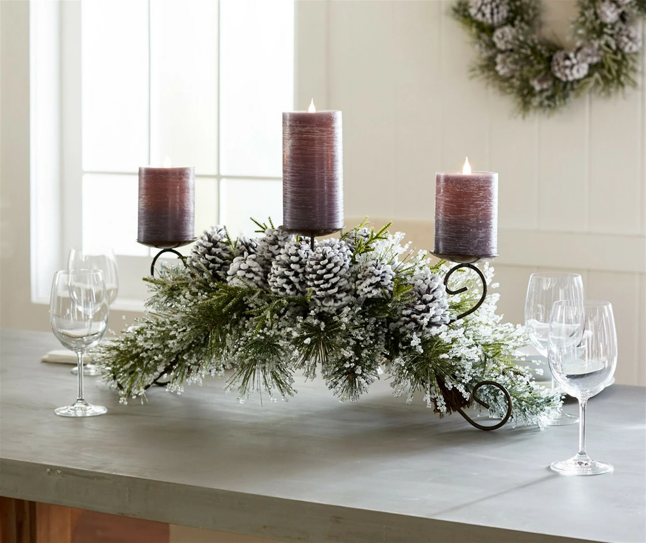 Contemporary Home Living 22" White And Green Snowy Pine Pillar Candle Holder - Image 2