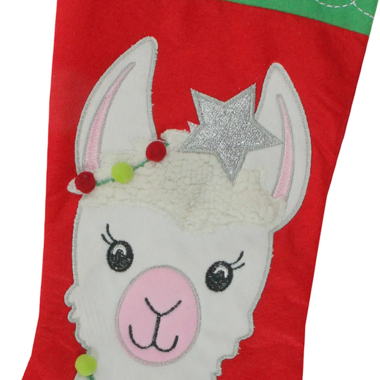 Dyno 20" Red And Green Christmas Stocking With Festive Llama With Pom Garland Applique 3 Dyno 20" Red And Green Christmas Stocking With Festive Llama With Pom Garland Applique - Image 3