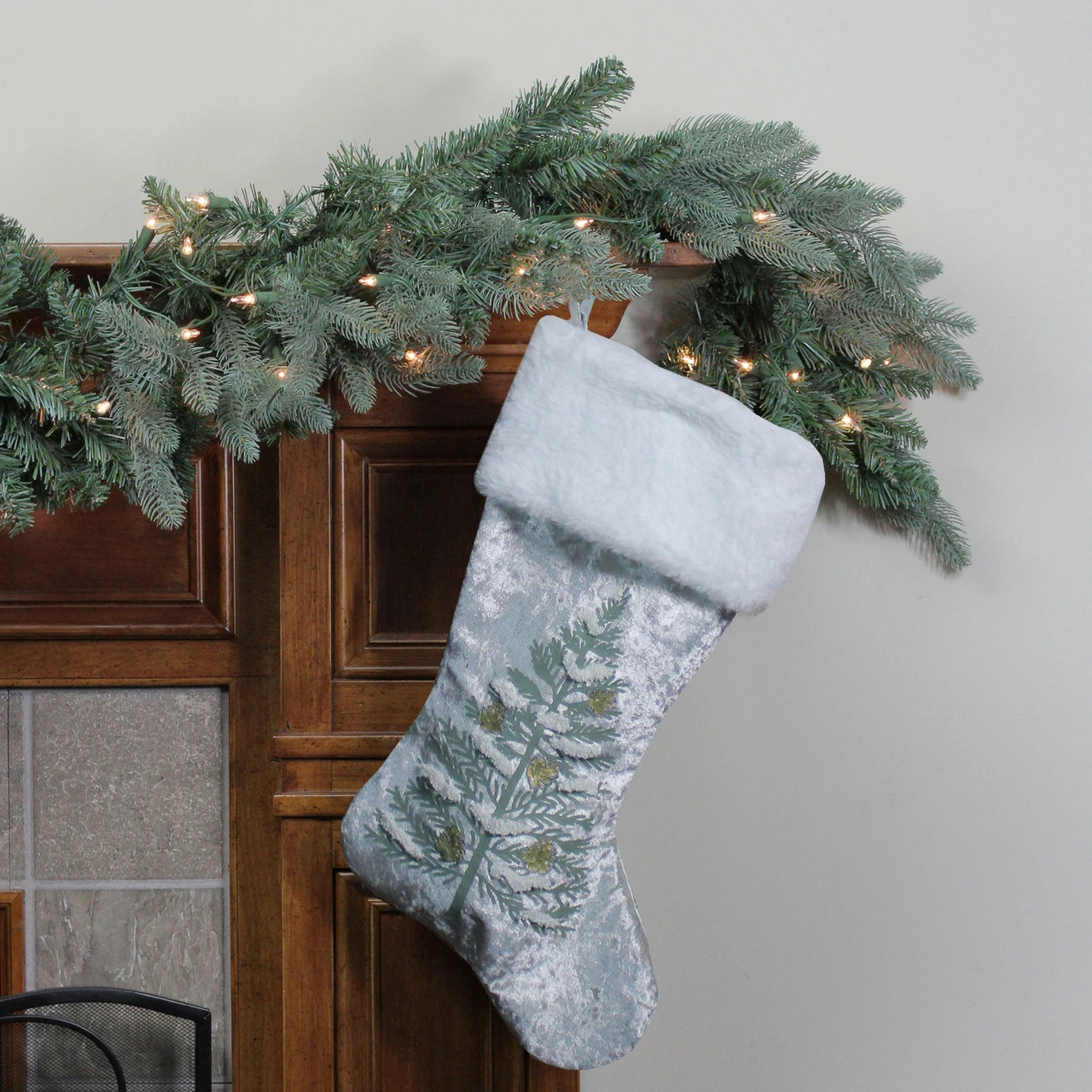 Dyno 20" Snow Covered Green Tree Gray Christmas Stocking With White Cuff 2 Dyno 20" Snow Covered Green Tree Gray Christmas Stocking With White Cuff - Image 2