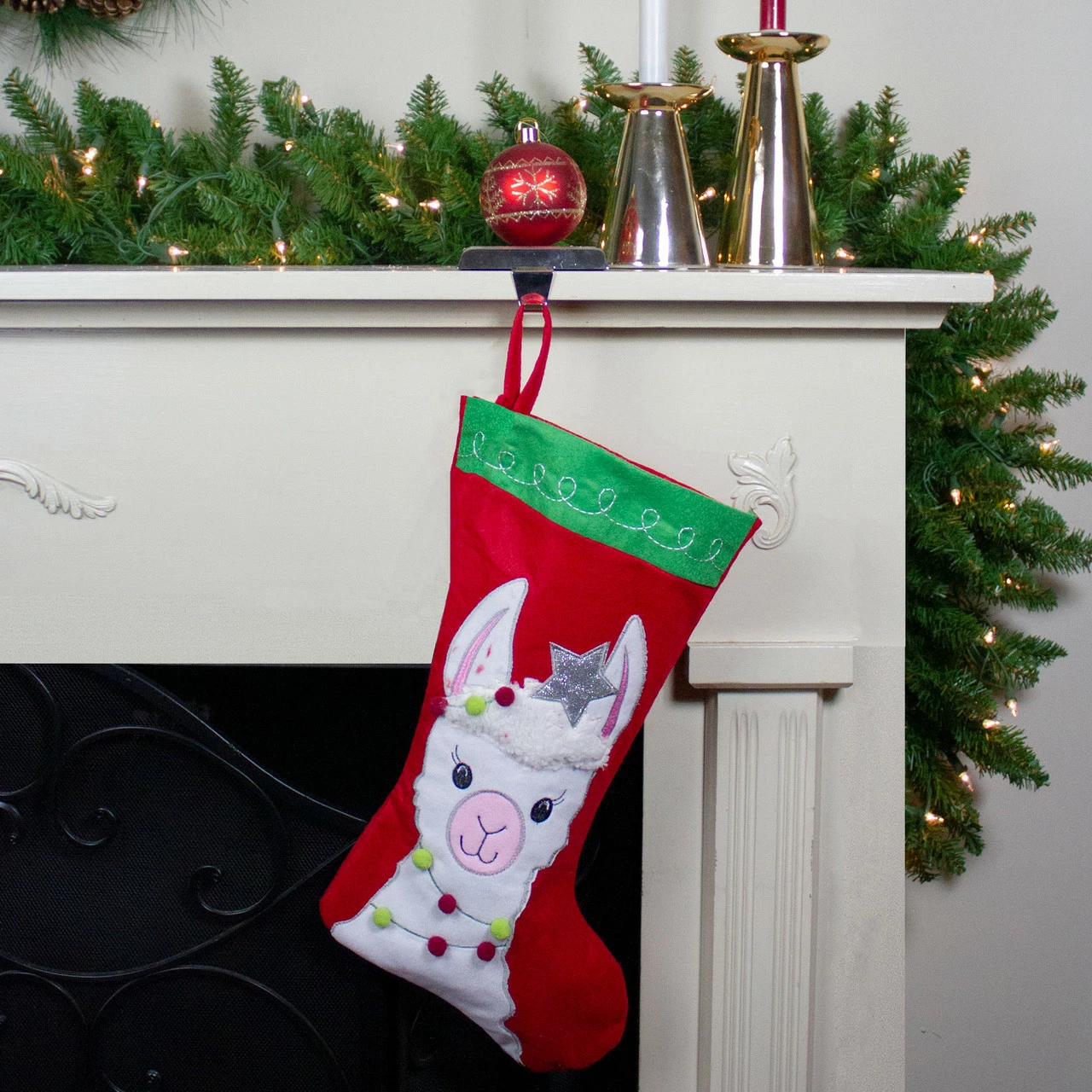 Dyno 20" Red And Green Christmas Stocking With Festive Llama With Pom Garland Applique 2 Dyno 20" Red And Green Christmas Stocking With Festive Llama With Pom Garland Applique - Image 2