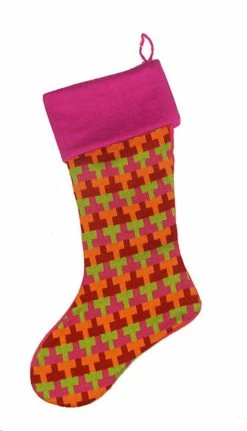 Sterling International Inc 18.5" Pink And Green Knitted T Patterned Christmas Stocking