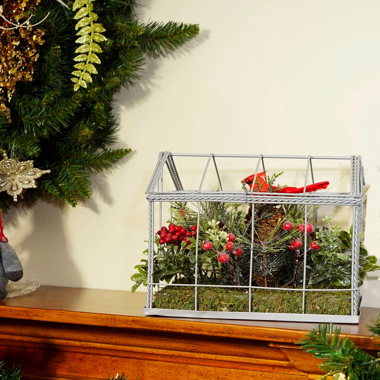 Northlight 9" Red And Green Cardinal Boxwood Artificial Christmas Greenhouse Arrangement - Image 4