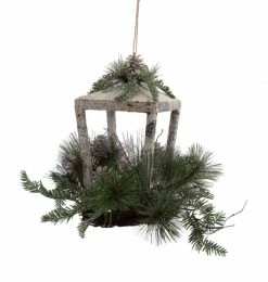 Melrose 20" Brown Rustic Finish Glittered Pine Cones And Jingle Bells Christmas Candle Lantern