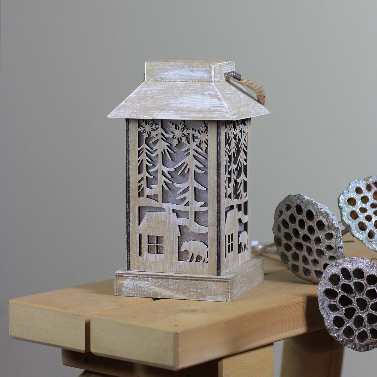 Diva At Home 9.5" Lighted Wooden Bear Silhouette Lantern Christmas Decoration - Image 3