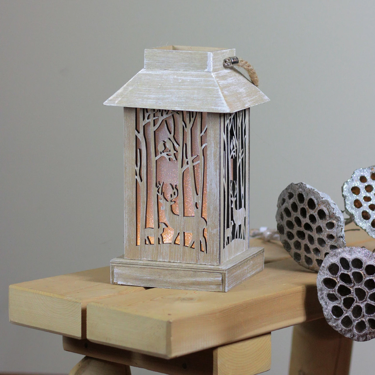 Diva At Home 9.5" Lighted Wooden Reindeer With Trees Silhouette Lantern Christmas Decoration - Image 3