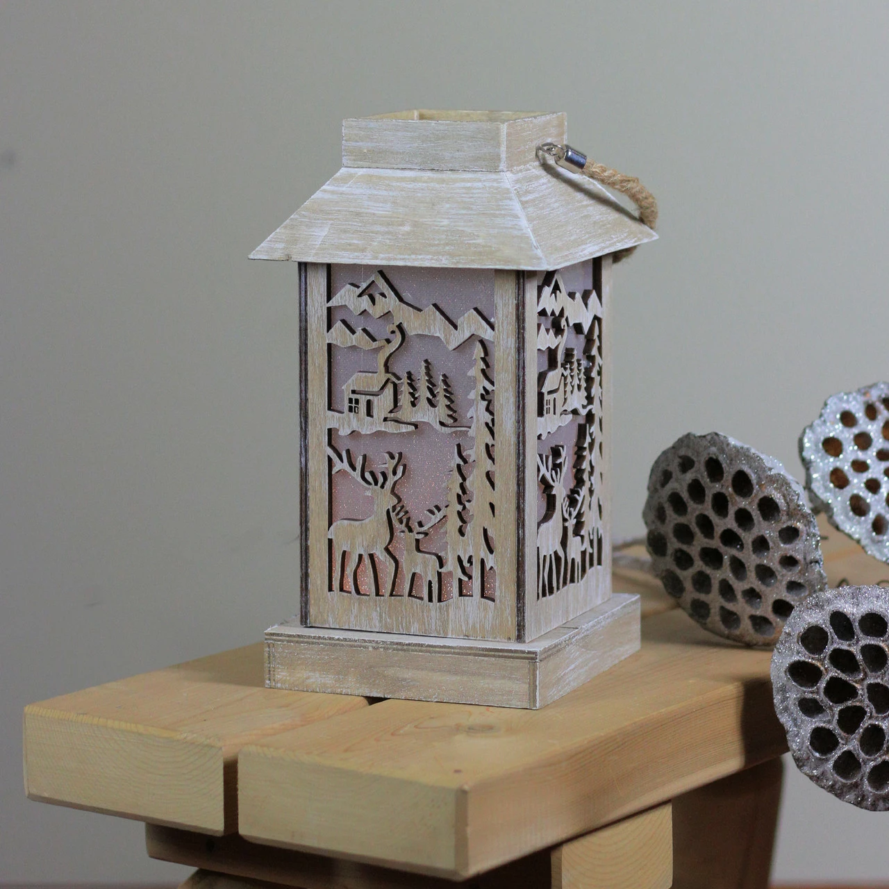 Diva At Home 9.5" Lighted Wooden Reindeer And Cabin Silhouette Lantern Christmas Decoration - Image 3