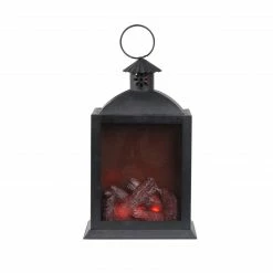 Diva At Home 10" LED Lighted Black Chimney Lantern With Faux Fire Christmas Decoration