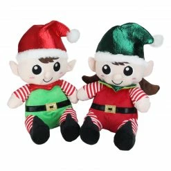 Northlight Set Of 2 Red Plush Sitting Boy And Girl Christmas Elf Figures 13"