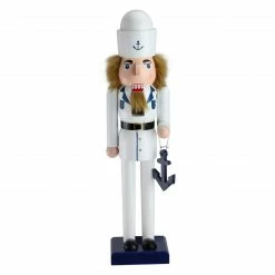 Northlight 15" White And Blue Navy Sailor With Anchor Wooden Christmas Nutcracker