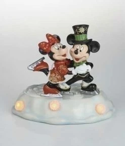 Roman Pre-Lit Black And Red Cloisonne Mickey With Minnie Skating Christmas Figurine 7"