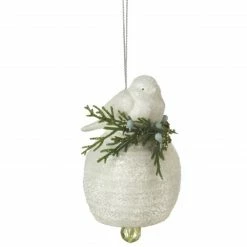 Midwest 3" White And Green Snowy Bird On Branch Christmas Bell Ornament