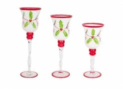 Melrose Set Of 3 White And Red Glass Holly Candle Holders Christmas Decor 15.75"