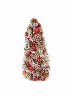 CC Christmas Decor 14" Red And Brown Iced Pine Cone Apple Berry Christmas Tree Tabletop Decor