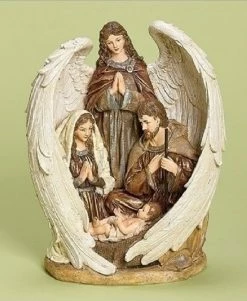 Roman 12.5" Brown And White Inspirational Holy Family With Angel Christmas Nativity Figurine