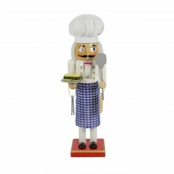 Nutcracker Factory 14" White And Blue Chef With Gingham Apron Wooden Christmas Nutcracker