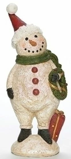 Roman 13" White And Red Glittered Plumpy Christmas Snowman Figure With Wreath Tabletop