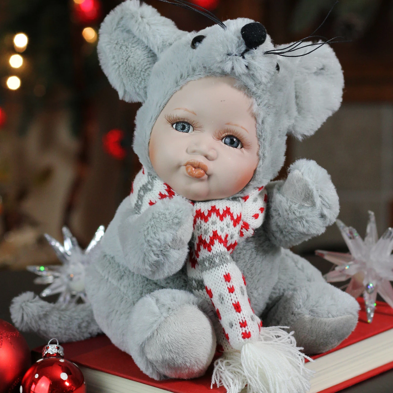 Northlight 9" Gray And Red Pucker Up Baby In Mouse Costume Collectible Christmas Doll - Image 2