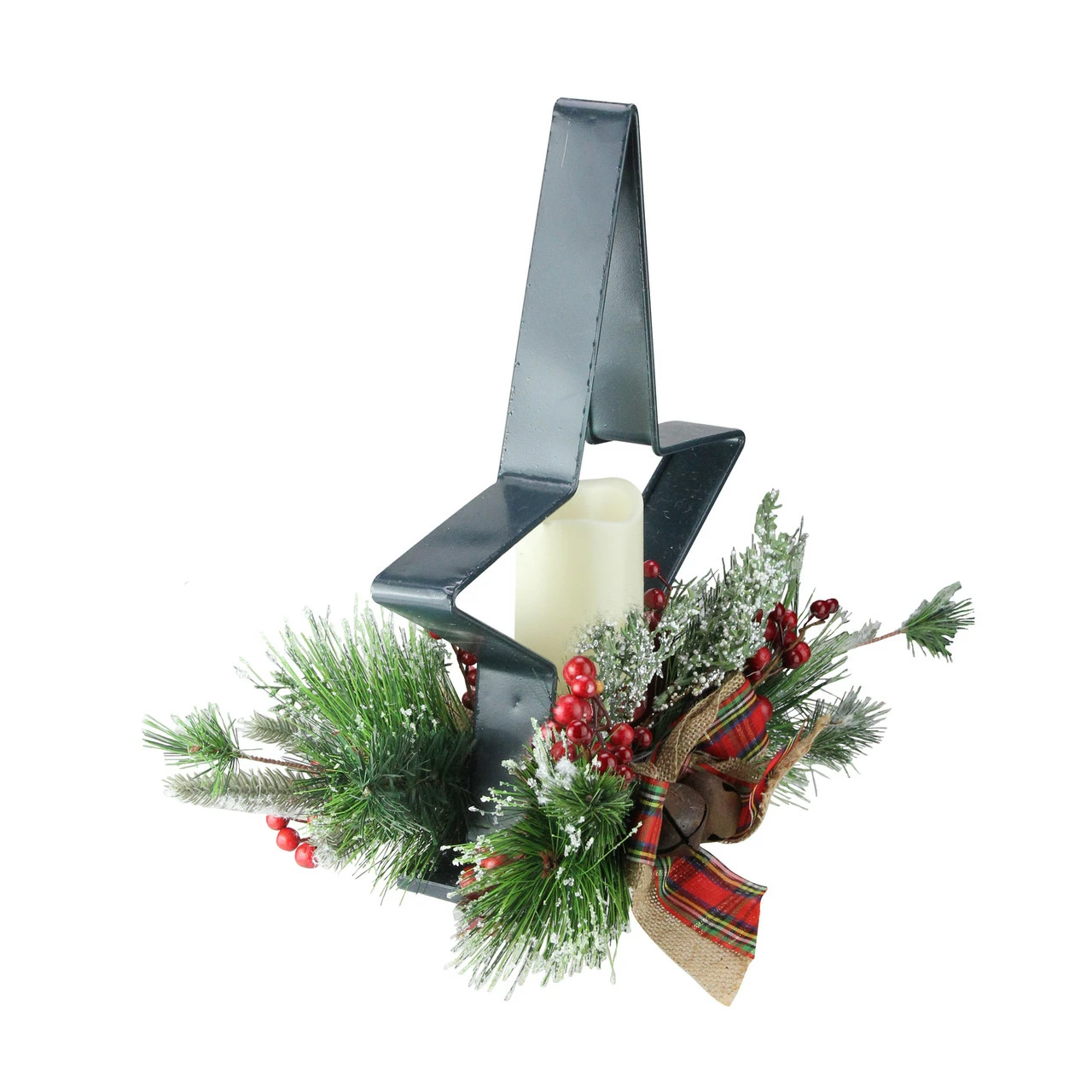 Gerson Company/Gil Division 15" Green And Ivory Pine Needle, Berry, And Jingle Bell Deep Star Shaped Candle Holder - Image 2