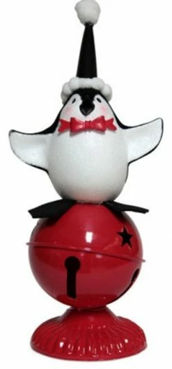 Melrose 11" Playful Glittered Black And White Penguin Standing On Large Red Jingle Bell Christmas Table Top
