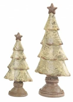 Melrose Set Of 2 Beige And Brown Newspaper Print Tabletop Christmas Tree Decor 15"