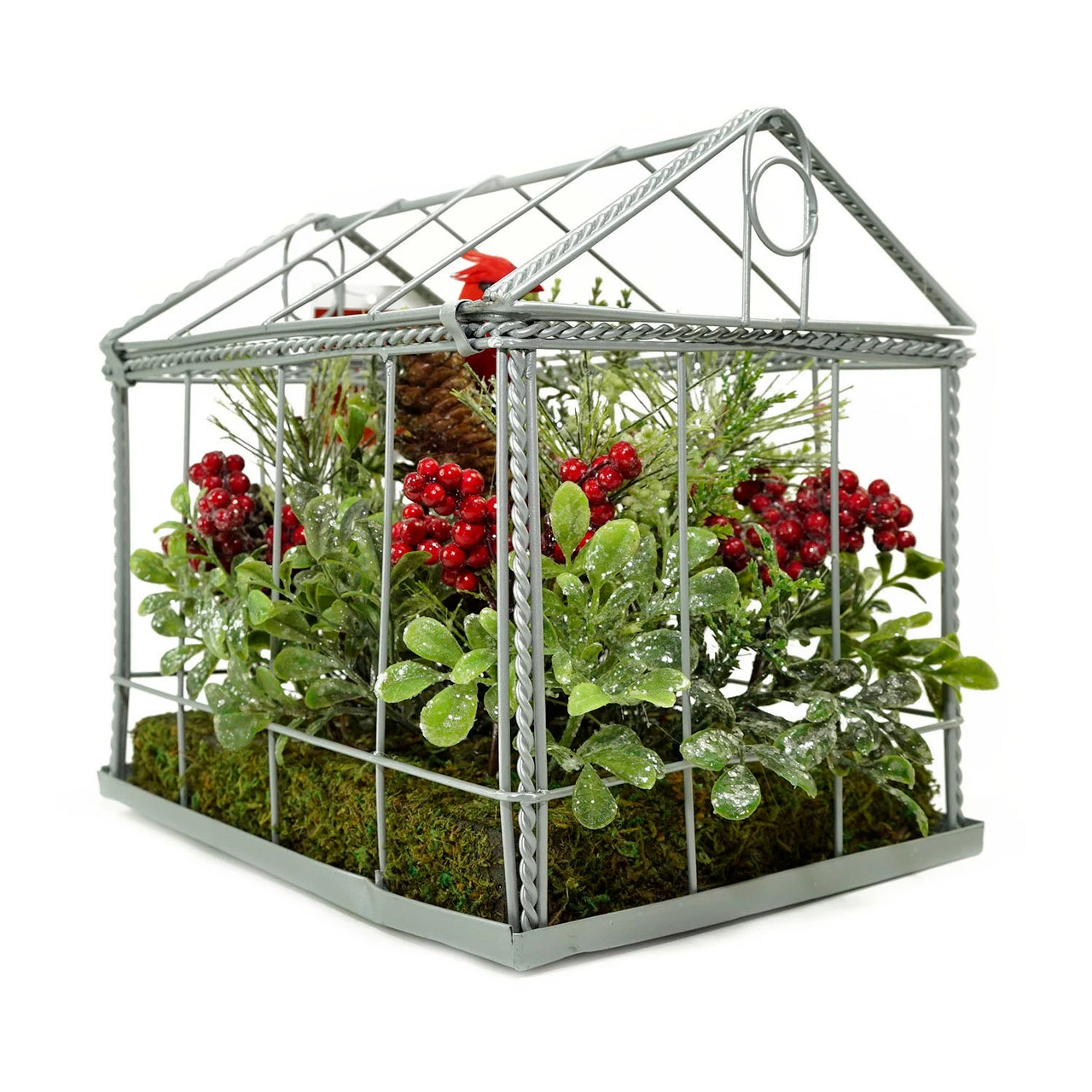 Northlight 9" Red And Green Cardinal Boxwood Artificial Christmas Greenhouse Arrangement