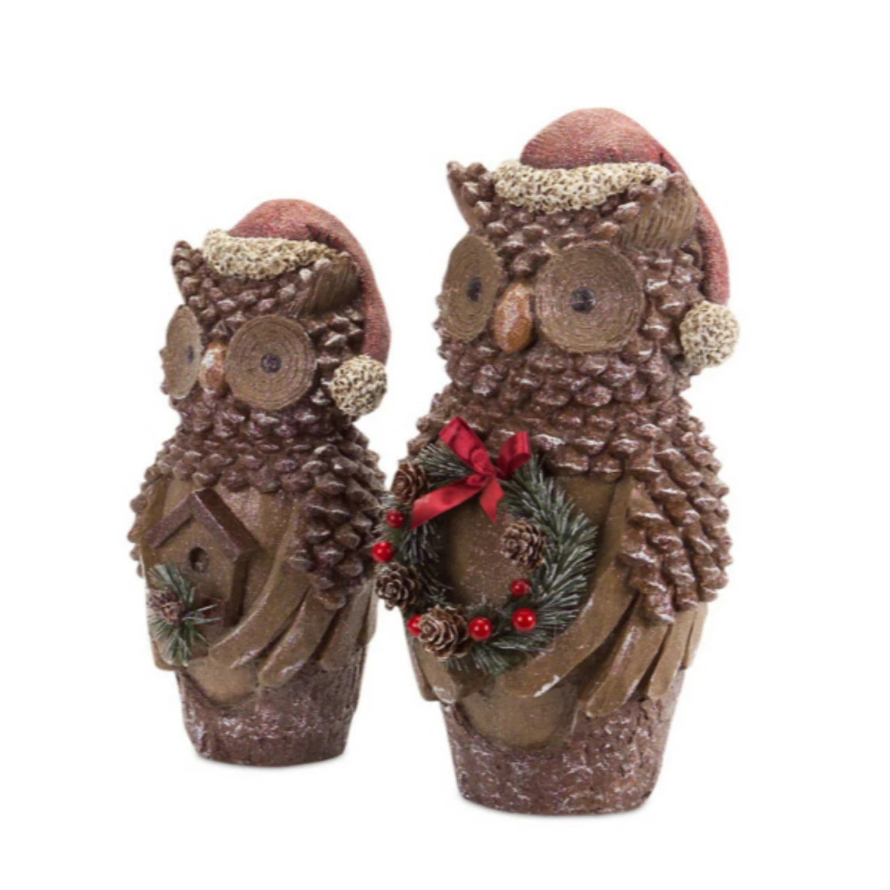 Melrose Set Of 2 Brown Pine Cone Owl Wearing Santa Hat Christmas Figure 14.5"