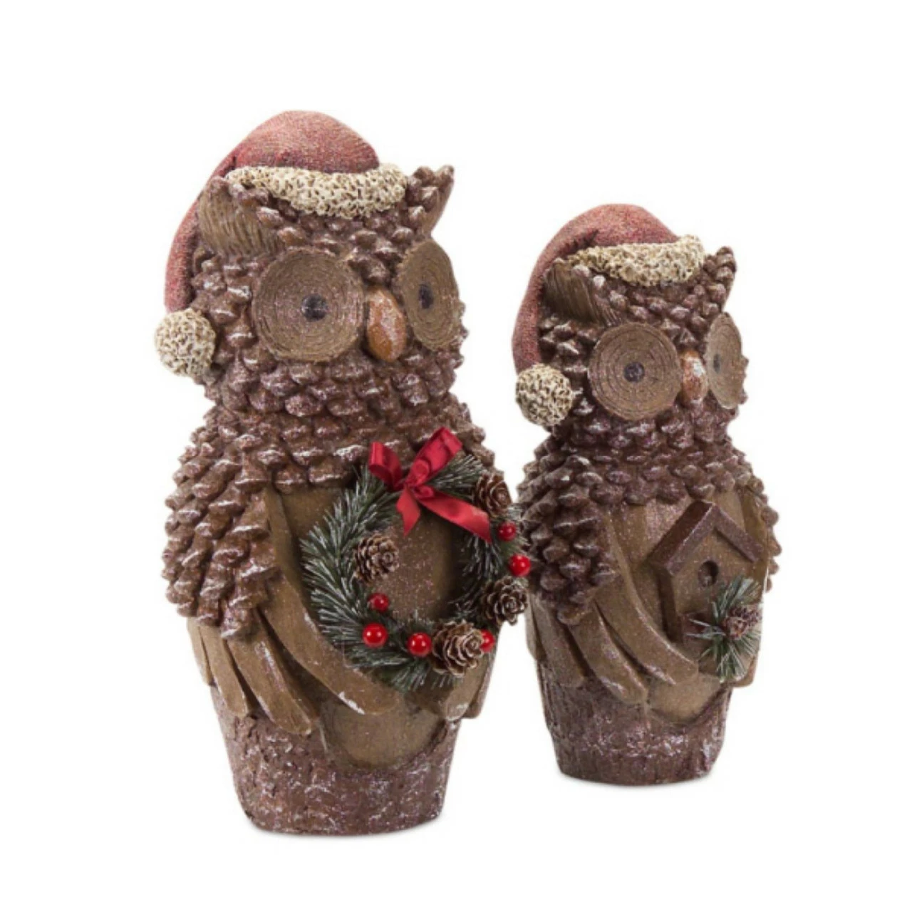 Melrose Set Of 2 Brown Pine Cone Owl Wearing Santa Hat Christmas Figure 14.5" - Image 2