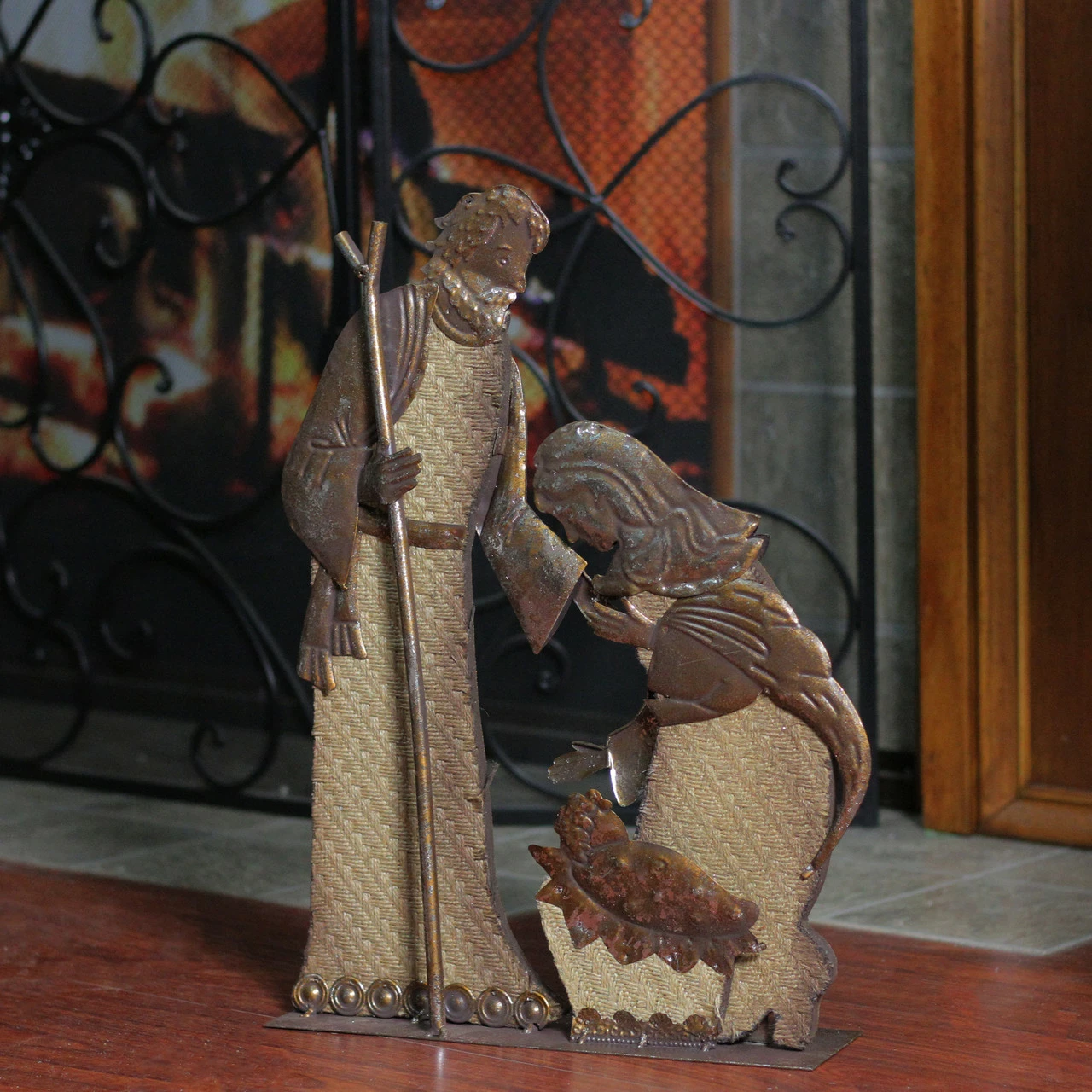 Melrose 17" Rustic Metal Holy Family Nativity Scene With A Burlap Design Christmas Table Top Decoration - Image 3