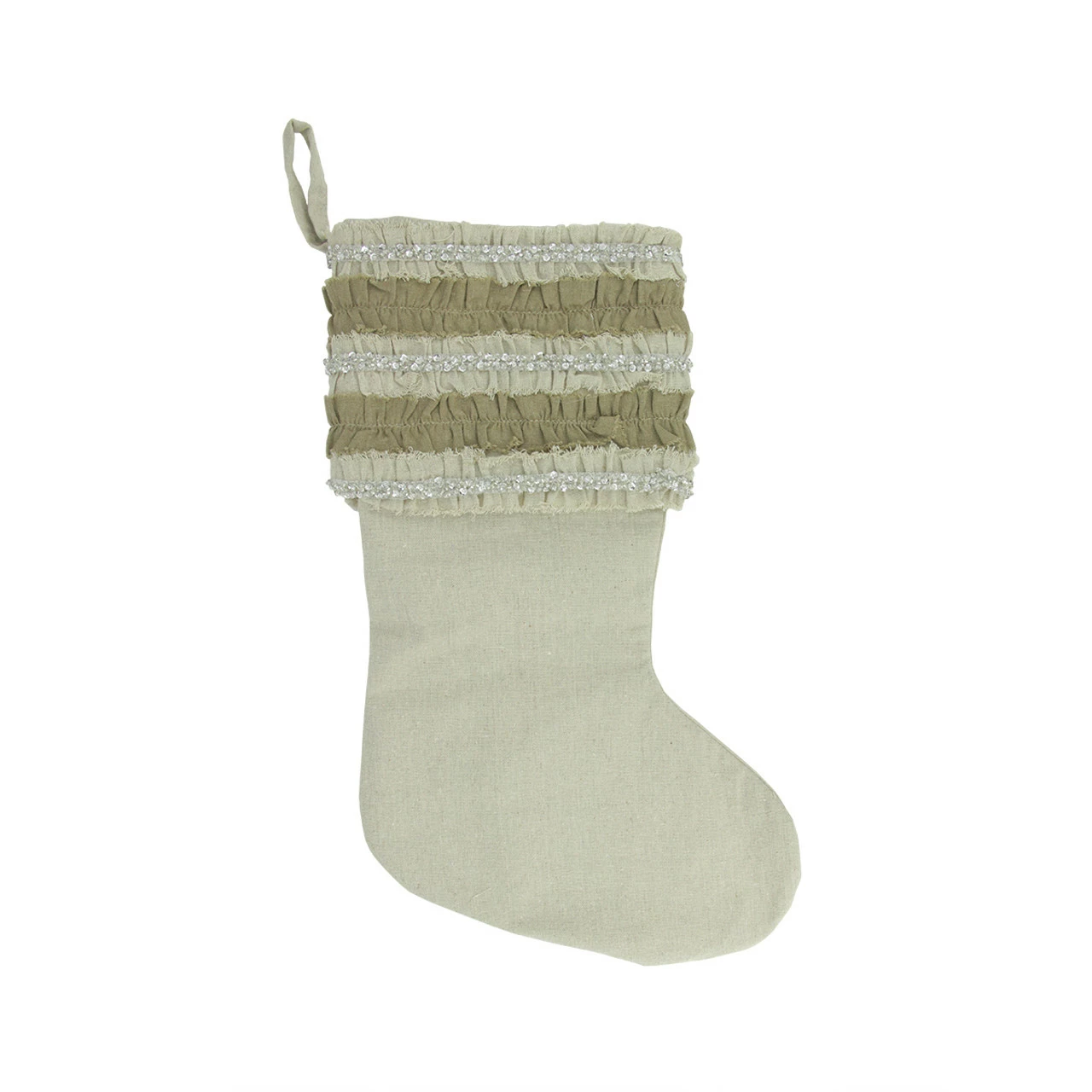 CC Christmas Decor 21" Ivory And Sage Green Rustic Christmas Stocking With Beaded Ruffled Cuff