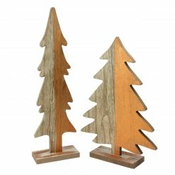 Midwest Set Of 2 Gray And Brown Wood Trees With Metallic Paint Christmas Figurine 14"