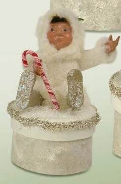 Byers' Choice 6" White Glittered Yule Box With Toddler Holding Candy Cane