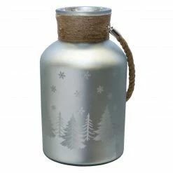 Northlight 12" Silver Matte Christmas Trees And Snowflakes Pillar Candle Holder With Handle
