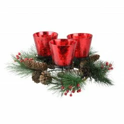 CC Christmas Decor 8" Red Triple Speckled Glass Candle Holder Wreath With Pinecones