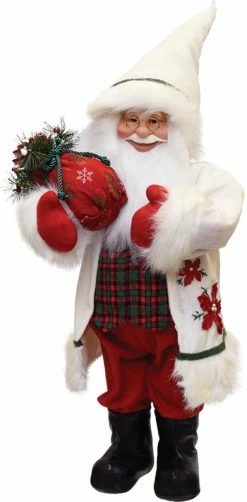Northlight 25" White And Red Santa With Sack Of Pine Christmas Figurine