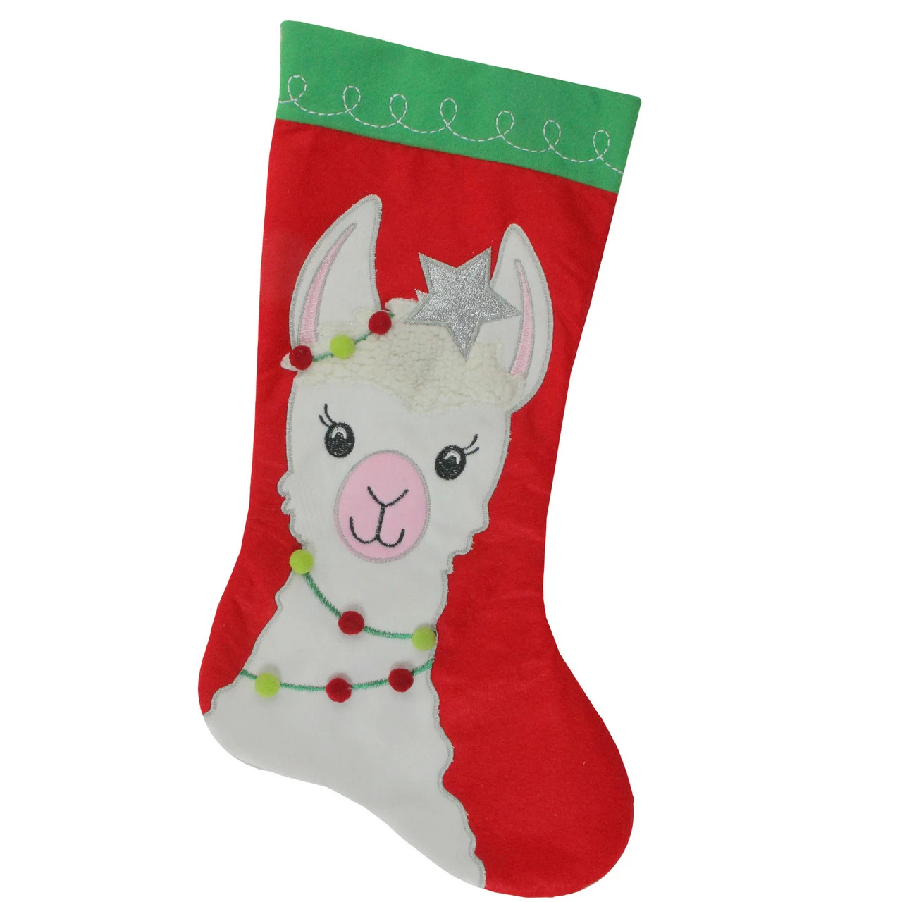 Dyno 20" Red And Green Christmas Stocking With Festive Llama With Pom Garland Applique 1 Dyno 20" Red And Green Christmas Stocking With Festive Llama With Pom Garland Applique