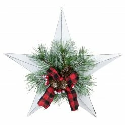 Northlight 17" White 5 Point Christmas Star With Plaid Ribbon With Artificial Pine
